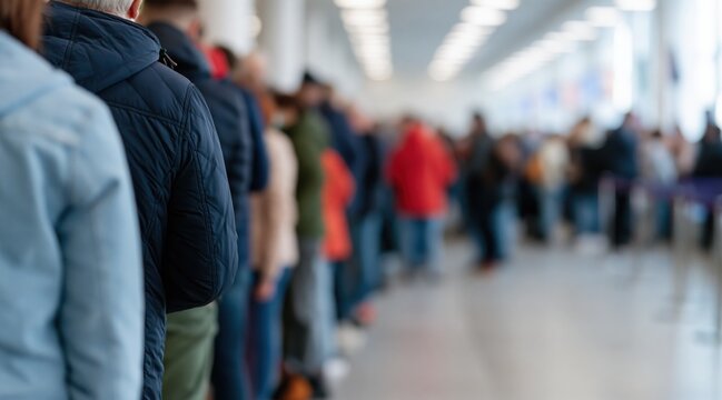 Rear view of people standing in long queue indoors
