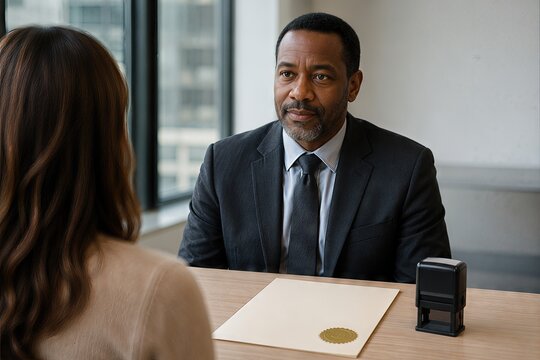 Notary public meeting a client, sealed document on office desk