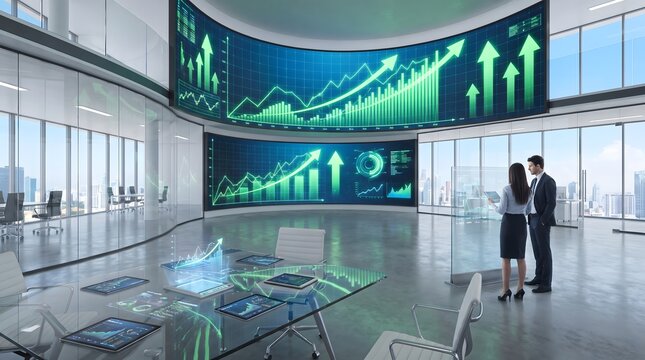 Business professionals analyzing complex financial data charts on large glowing digital screens inside a modern high rise corporate office space
