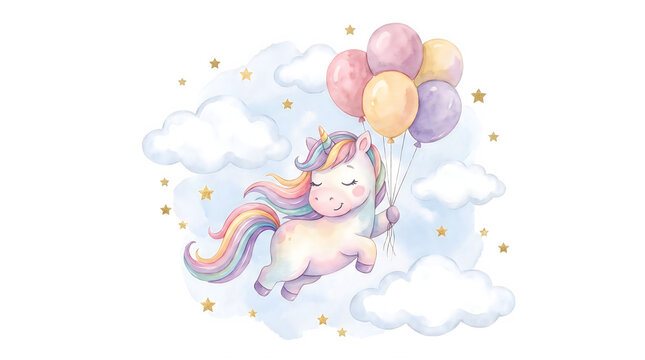 Watercolor baby unicorn flying with colorful balloons, whimsical nursery art with clouds and stars, pastel fantasy pony illustration for kids birthday
