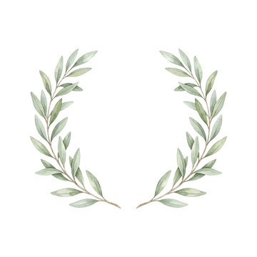 Watercolor olive branch wreath, hand painted green leaf laurel frame, botanical foliage border for wedding invitations and elegant stationery design