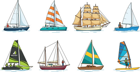 Sailboat and Sailing Vessel Vector Collection with Yachts Catamarans Tall Ship and Windsurfer © Md