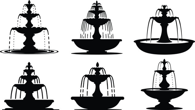 Set of Minimalist black water fountain garden park architecture silhouette vector icon, vector and illustration