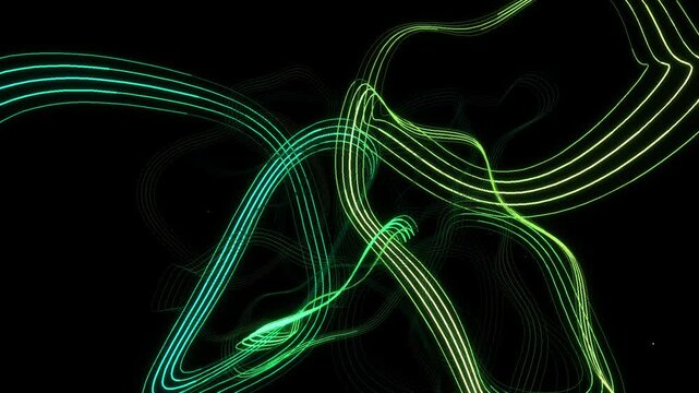 Glowing neon green light trails weave through dark space in this dynamic motion video footage showing abstract digital energy flow.