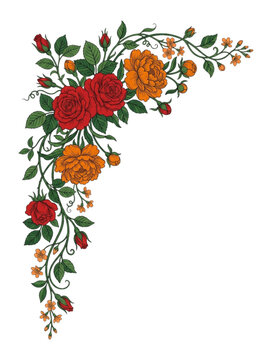 Vintage Floral Corner Border with Red Roses and Orange Peonies