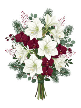 Elegant Winter Floral Bouquet with White Amaryllis and Burgundy Orchids