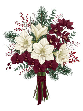Christmas Holiday Floral Bouquet Tied with Burgundy Ribbon