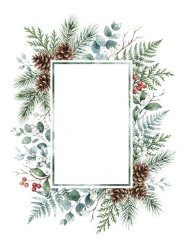 Watercolor Winter Forest Frame with Pinecones and Holly Berries
