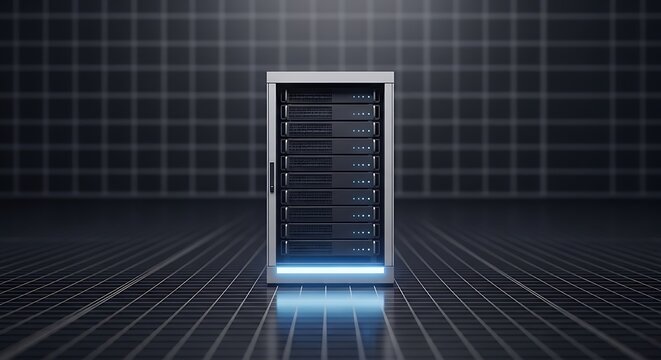 A server rack with blue light accents set against a dark, grid-patterned background