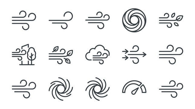Minimalist wind and breeze line art icons.
