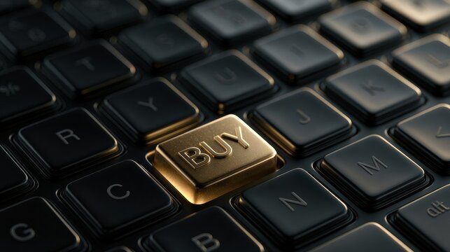 Close up view of a black keyboard featuring a golden buy key illuminated by dramatic light, highlighting online shopping and digital transactions.