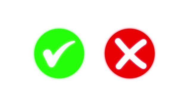 Animated pop-up green check mark and red cross X symbol on a transparent background. A checkmark in and out motion graphics animation. Video footage of yes or no, true or false with alpha channel .4k