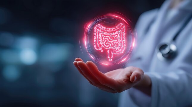 Doctor holding glowing holographic intestines, digestive system disease. Medical illustration, bowel diseases, gut health