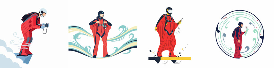 Illustrations of professional base jumpers and wingsuit flyers in red gear preparing for flight, featuring modern equipment and dynamic backgrounds. © Abu