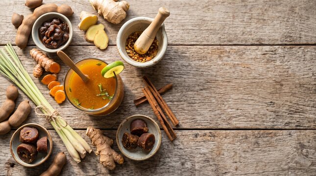 Authentic Indonesian jamu with natural herbal ingredients in an overhead composition, ideal for wellness branding, organic products, tourism, and healthcare marketing.