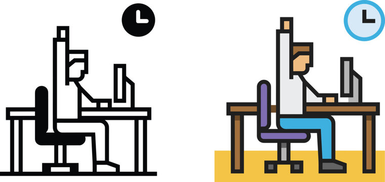 Man working at office desk with computer and clock icon set in black outline and colored flat design illustration