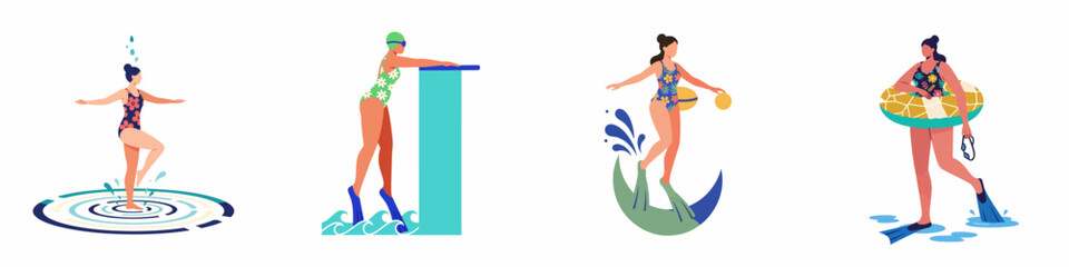 Collection of flat vector illustrations featuring women in stylish swimwear participating in different water activities like swimming, diving, and playing with inflatable rings. © Abu