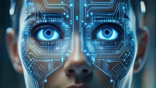 Close Up Cyborg Humanoid Face with Cybernetic Neural Network