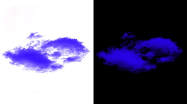 Vibrant blue cloud cutout on white and black backgrounds, isolated fluffy cumulus cloud for compositing, ethereal blue smoke texture for design