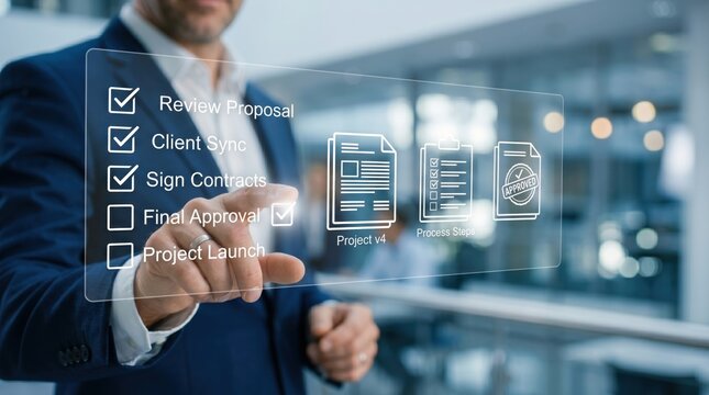 Businessman checking off project tasks on transparent holographic checklist, reviewing proposal and signing contracts for client synchronization and final approval launch proces...
