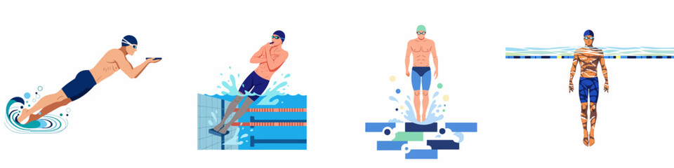 Fototapeta premium Set of four flat illustrations depicting male swimmers in various poses including diving splashing and standing in a swimming pool