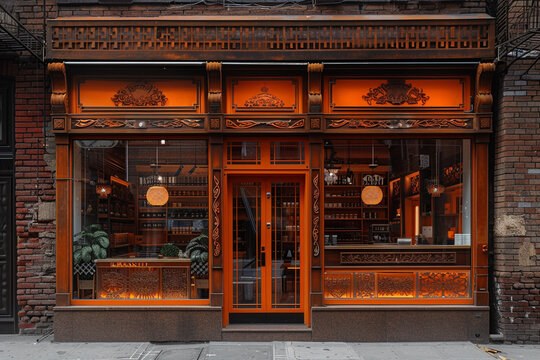 Vibrant Orange and Brown Boutique Storefront on Rustic Brick Wall