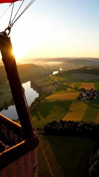 Sunrise basket view over river valley under red canopy sun flare through rigging, dramatic long shadows over patchwork fields, shimmering river reflection, small village on shore, crisp