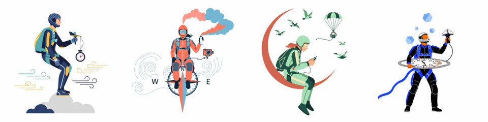 Conceptual flat vector illustrations of skydivers and parachutists with adventure-related equipment including compasses, stopwatches, and cameras on a white background. © Abu