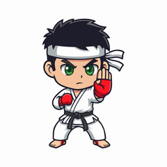 Obraz premium Chibi karate boy mascot, full body view, martial arts fighting stance, digital cartoon illustration, bright flat lighting, isolated on white background.