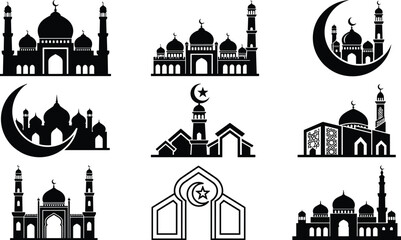 Ramadan Kareem celebration design elements featuring black and white traditional muslim minaret domes and architectural arch symbols © MSTNAJMA