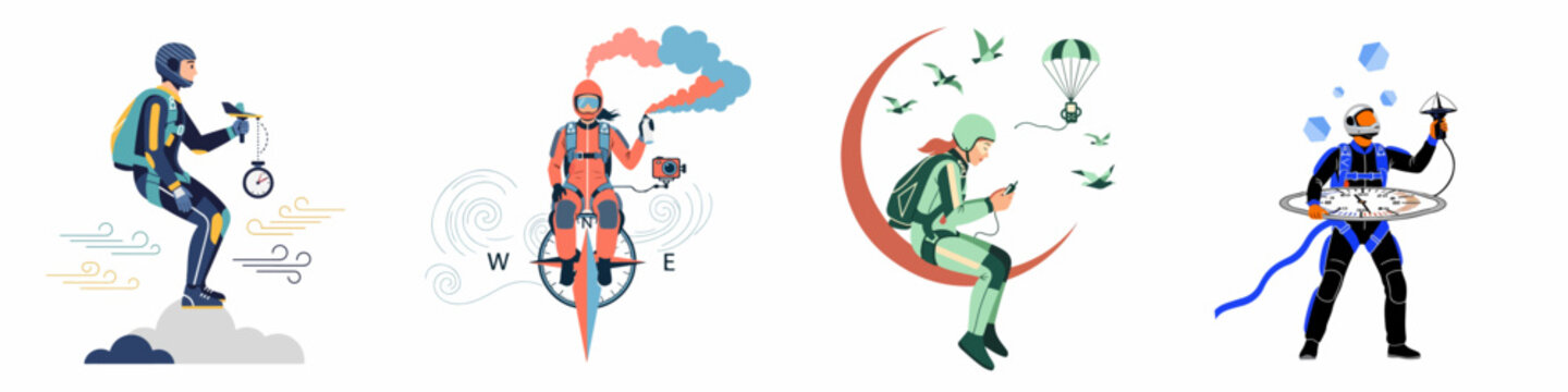 Conceptual flat vector illustrations of skydivers and parachutists with adventure-related equipment including compasses, stopwatches, and cameras on a white background.