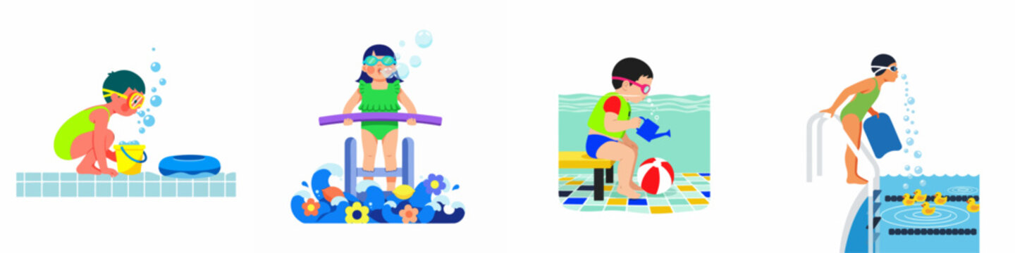 Set of vector illustrations of children learning to swim and playing with water toys in a swimming pool.