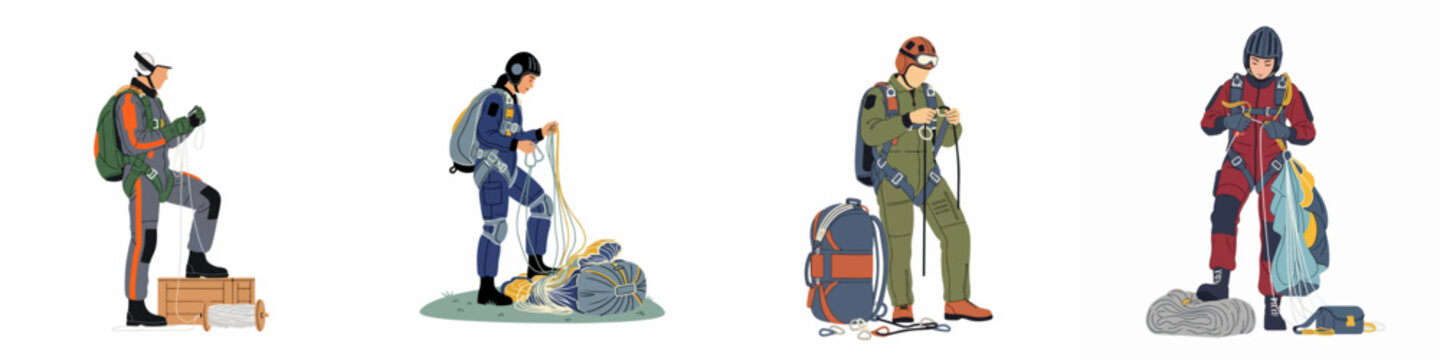 Set of vector illustrations featuring skydivers in jumpsuits and helmets preparing their parachutes and equipment on a white background.