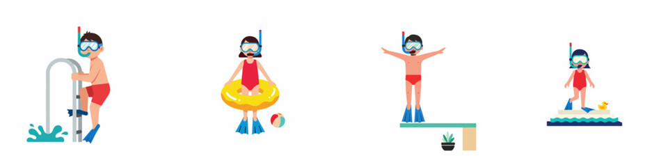 Vector illustration set of children enjoying pool activities with snorkeling gear, masks, and flippers, featuring boys and girls in red swimwear. © Abu