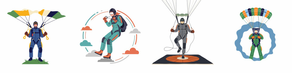 Flat Vector Illustration Set of Skydivers and Parachutists Engaged in Extreme Aerial Sports Activities Including Landing and Freefalling © Abu