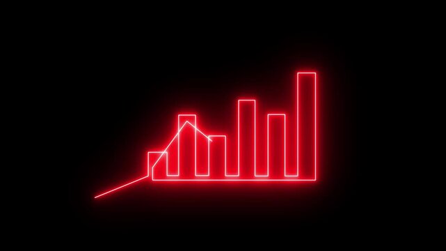 Glowing neon Business growth concept in graph chart showing marketing sales profit increasing to future target. business graph success animation arrow on black background.