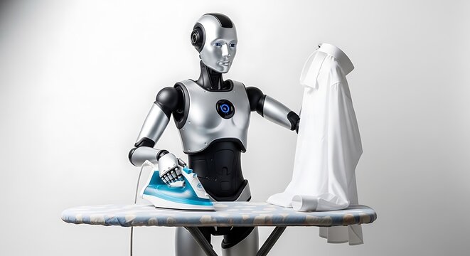 A silver robot irons a white shirt on an ironing board, set against a plain backdrop