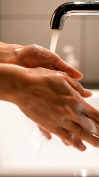 Sink faucet hands washing with soap, caregiver lathers and rinses hands over white basin with warm water from chrome faucet, soft bathroom lighting, closeup detail on foam and movement,