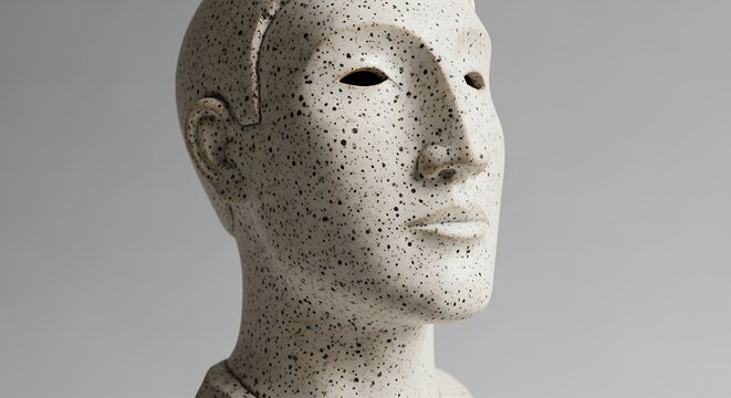 Speckled Ceramic Human Head Sculpture Facing Side on Neutral Gray Background