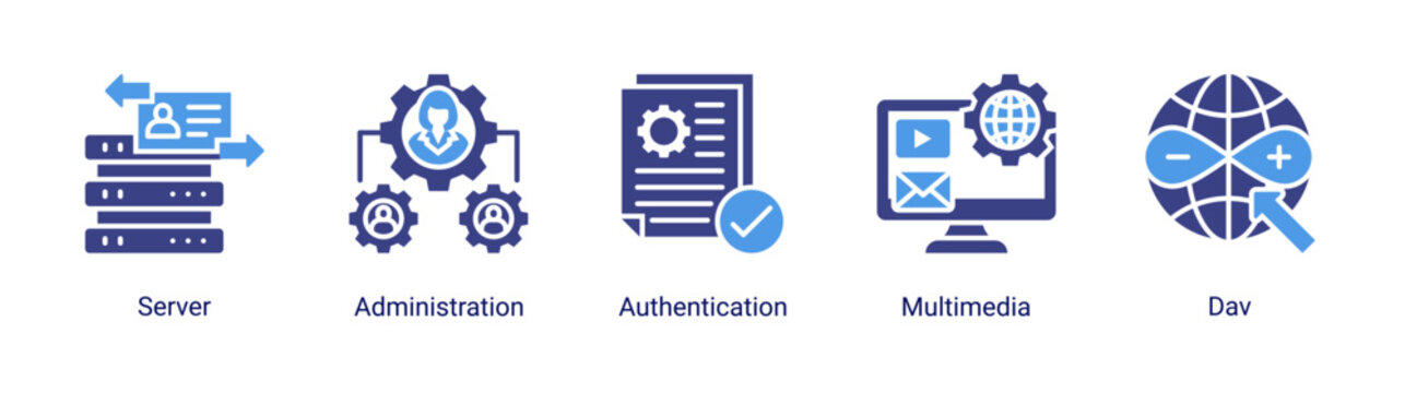 Media Hosting icon set vector illustration featuring multimedia servers,user authentication,and digital hosting concepts.
