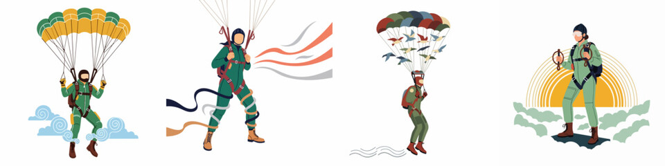 Set of flat vector illustrations featuring skydivers in green jumpsuits with parachutes, showcasing extreme sports, flying, and outdoor adventure activities. © Abu