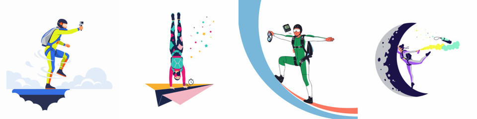 Collection of creative and surreal skydiving illustrations featuring various extreme sports characters performing stunts in the air and on whimsical objects. © Abu