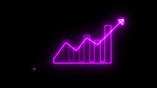 Glowing neon Business growth concept in graph chart showing marketing sales profit increasing to future target. business graph success animation arrow on black background.