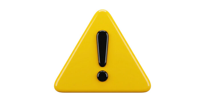 Glossy 3d warning sign with black exclamation mark icon rendered isolated on transparent background with yellow equilateral triangle triangle smooth polished designed rounded yellow PNG