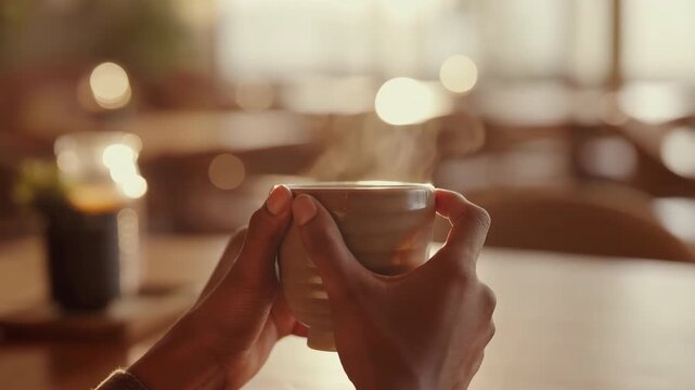 Close-up of hands holding a steaming hot mug in a cozy cafe