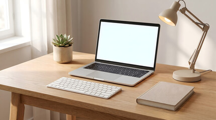 Fototapeta premium Minimalist Home Office Workspace with Laptop, External Keyboard, and Desk Lamp on Wooden Table