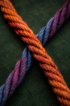 Two braided wool ropes crossing on deep green woven fabric with warm orange blue and purple tones in close macro composition