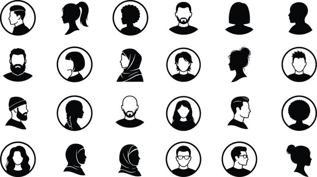 Avatar profile icon vector set featuring black and white user silhouette faces and diverse people headshots isolated on white background bundle