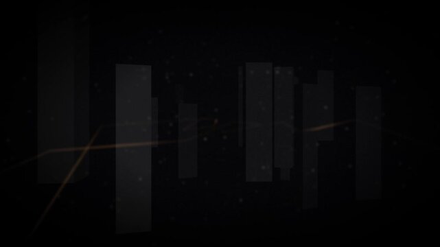 Abstract digital city skyline motion footage with glowing orange lines. Abstract city skyline motion footage features translucent building shapes and glowing orange lines moving through a dark