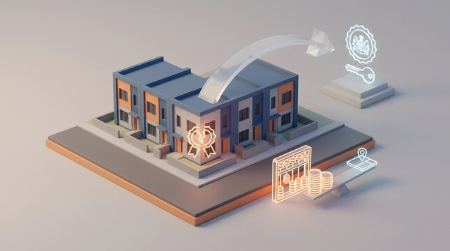 3D isometric illustration of modern residential townhouse buildings with financial charts scale and glowing icons real estate investment mortgage loan property development and wealth concept